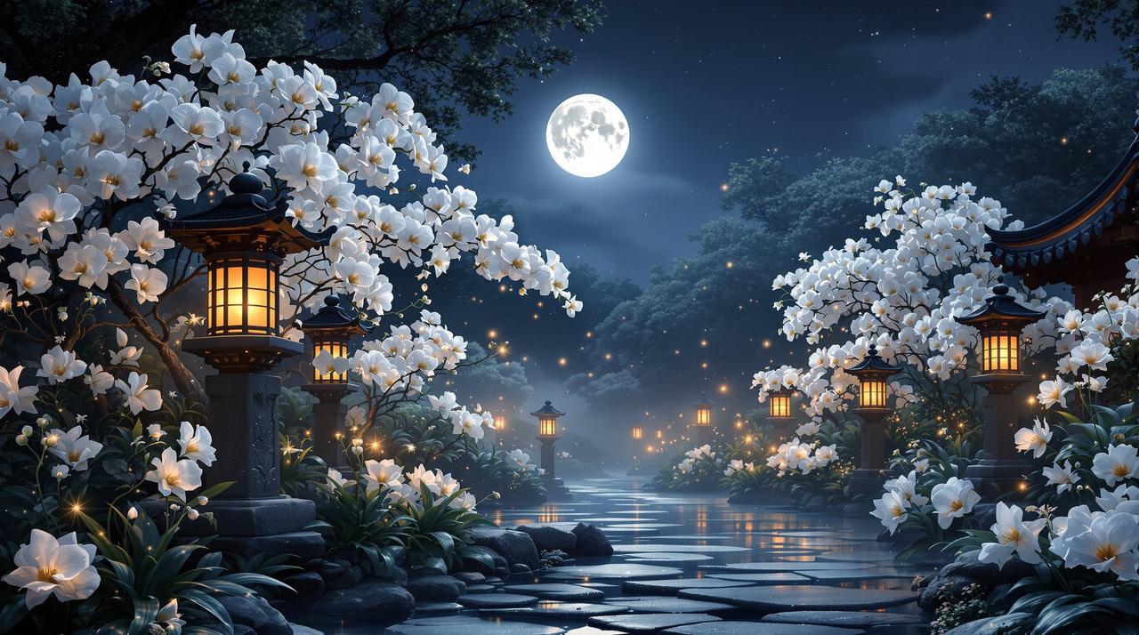 漫画星球 - 月光下的兰花庭院，静谧优雅的氛围